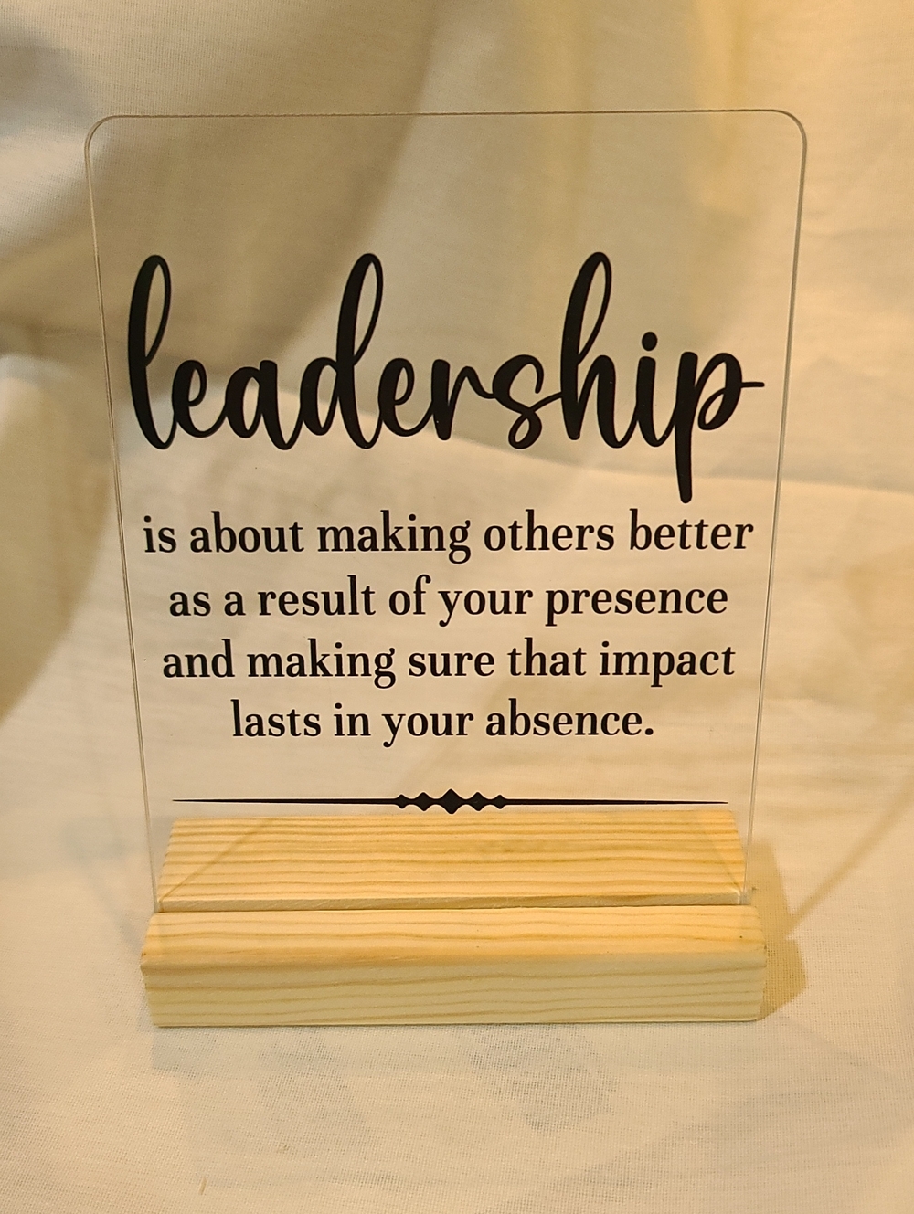 Acrylic 'Leadership' Desk Sign with Wood Base - Black Text NWT